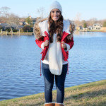 red faux fur jacket winter outfit on mrscasual