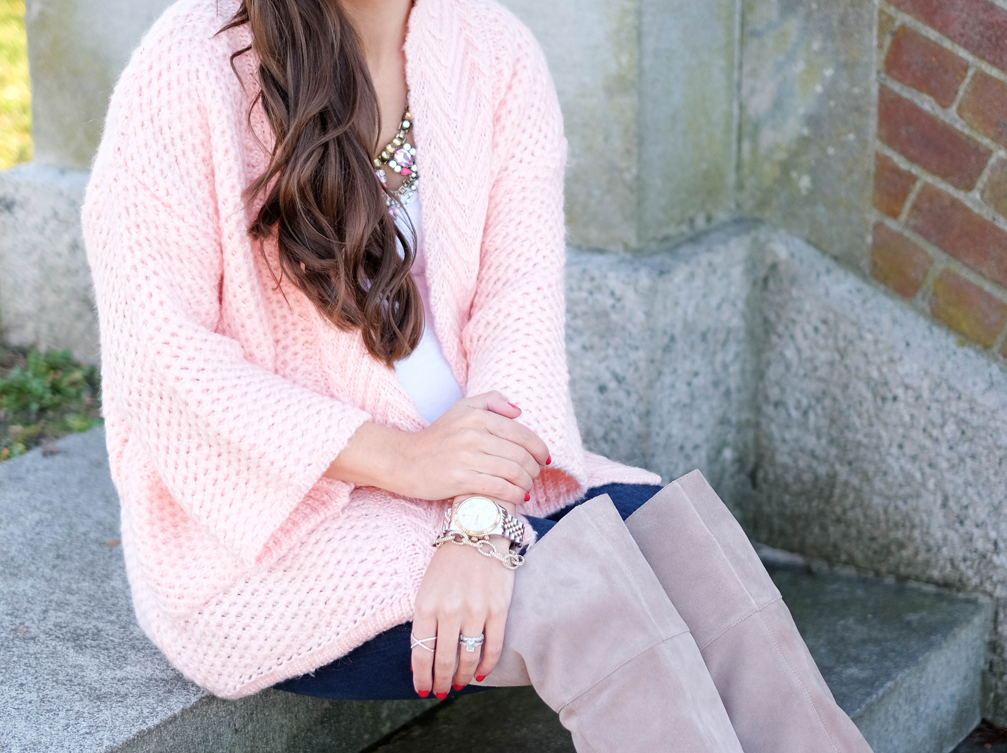 blush pink knit cardigan mrscasual fall outfits cute styles