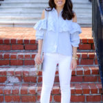Blue eyelet ruffled cold shoulder summer outfit