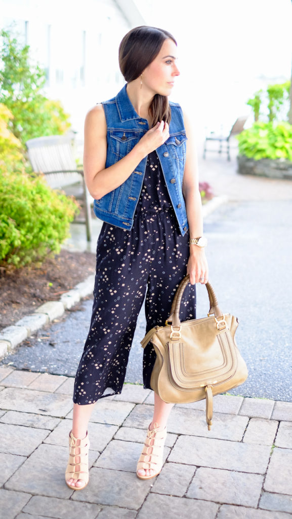 romper and denim vest