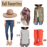 Plaid Blanket scarf, Felt hat, Red hunter boots, Utility Jacket, Striped Tunic outfit