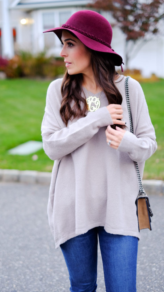 burgundy-floppy-hat-taupe-tunic-sweater-outfit