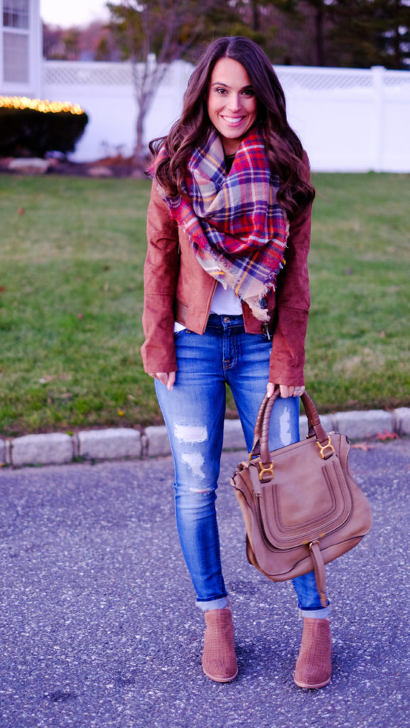 faux-suede-leather-jacket-and-plaid-scarf-outfit