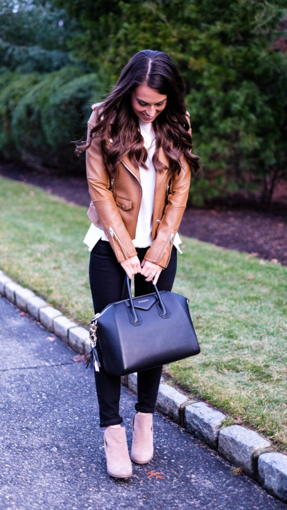 Cognac faux leather jacket outfit