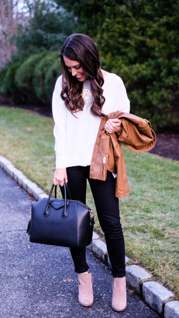 brown faux leather jacket outfit