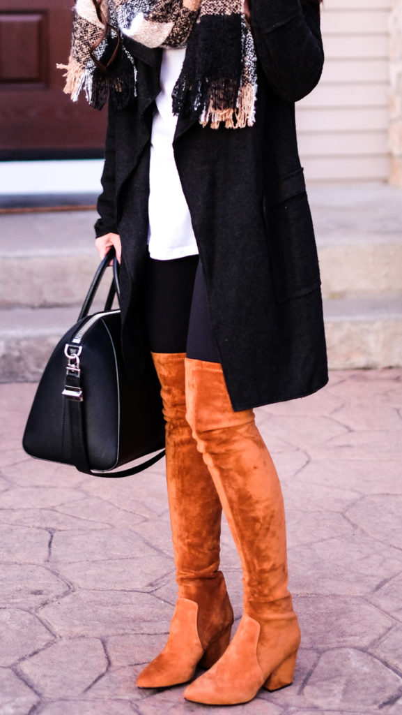 cognac over the knee boots outfit