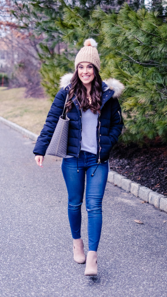 navy and white winter outfit