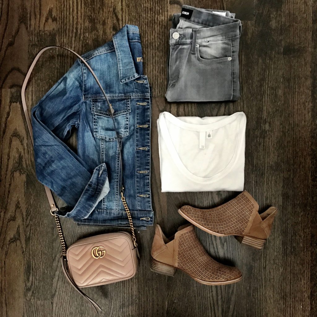 Gray jeans outfit idea denim jacket