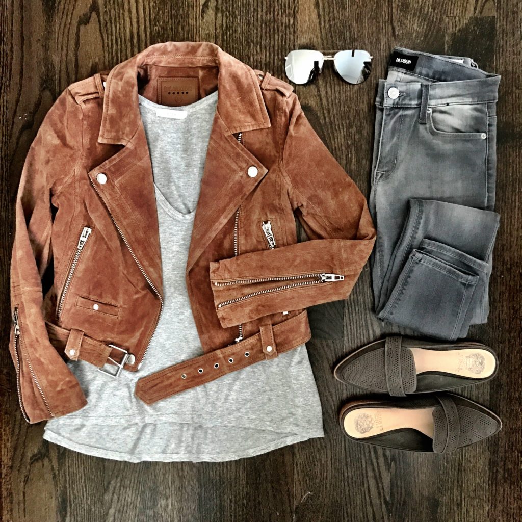 Gray jeans outfit idea suede moto jacket