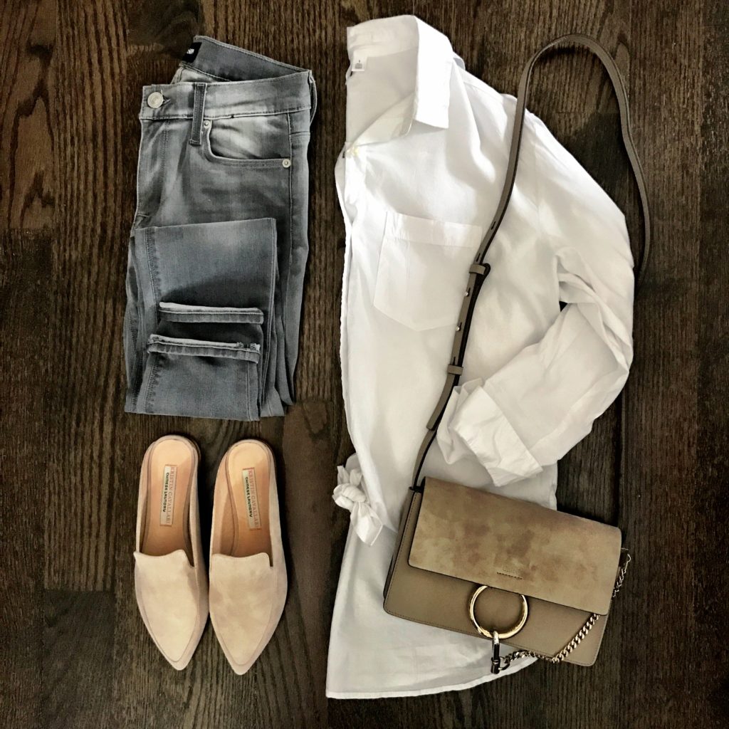 Gray jeans outfit idea white top