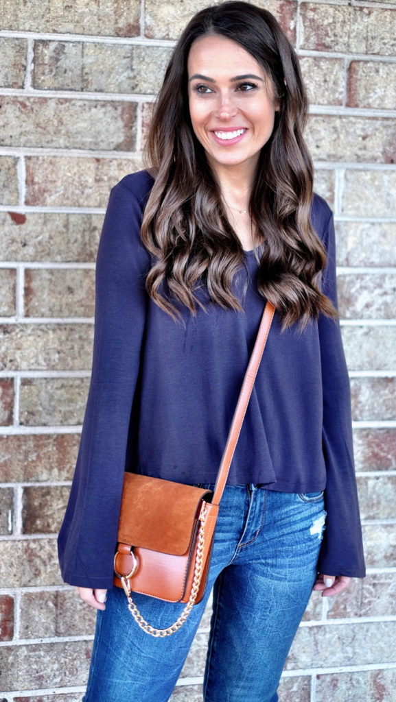cognac crossbody bag outfit