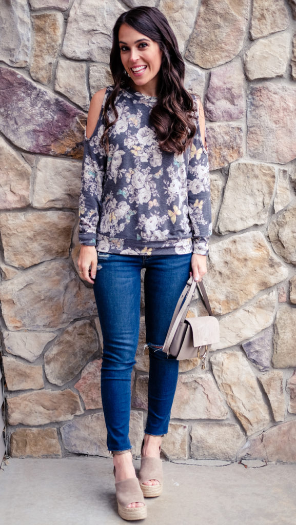 floral cold shoulder sweatshirt outfit