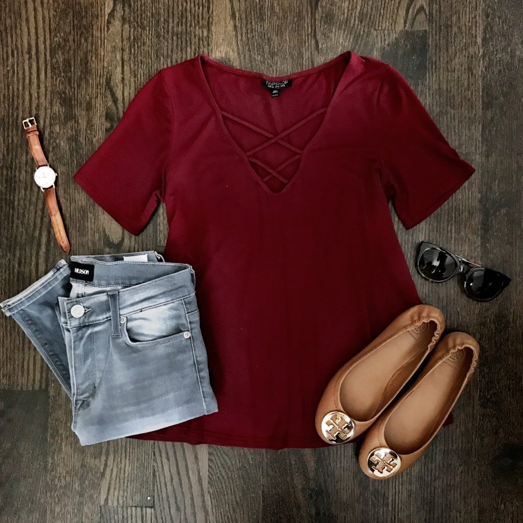 gray jeans outfit idea brown flats