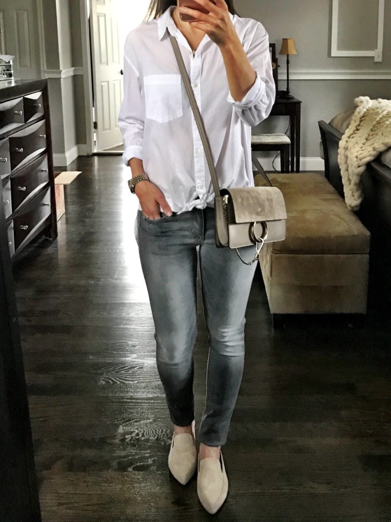 gray jeans outfit idea chloe crossbody
