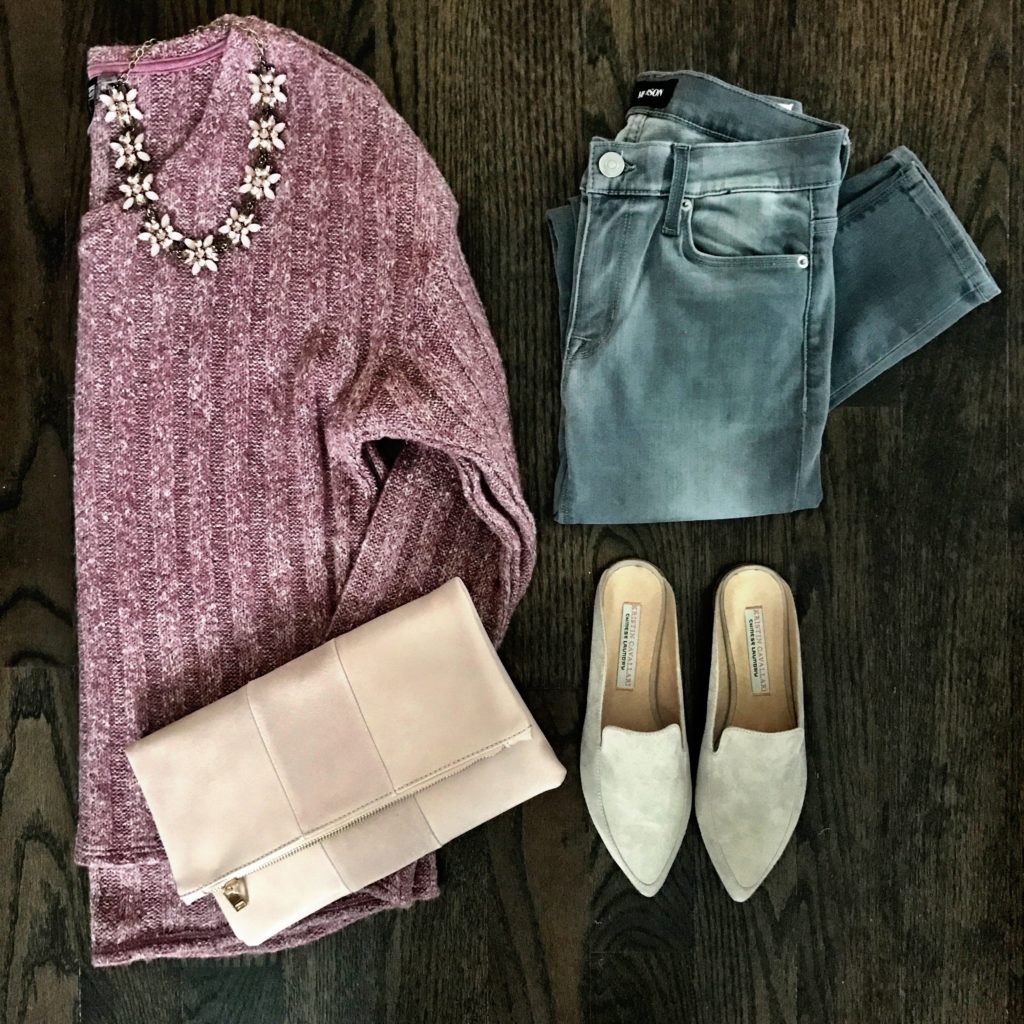 gray jeans outfit idea pink sweater