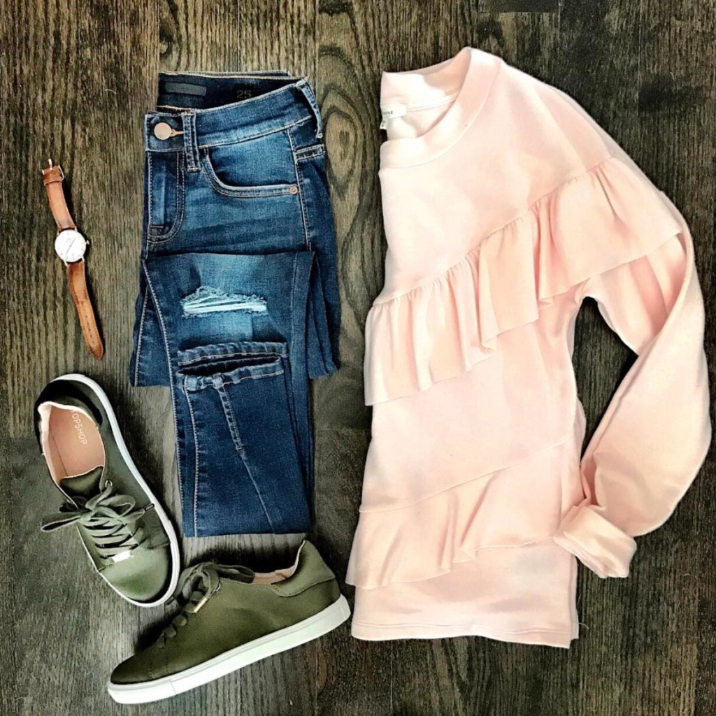 pink ruffle sweatshirt and green topshop sneakers