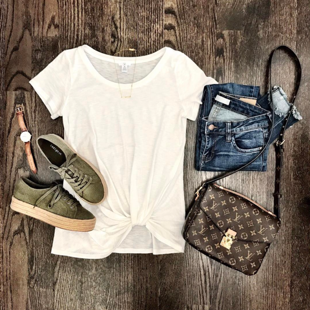 BP pre knotted tee lace up espadrille flats outffit