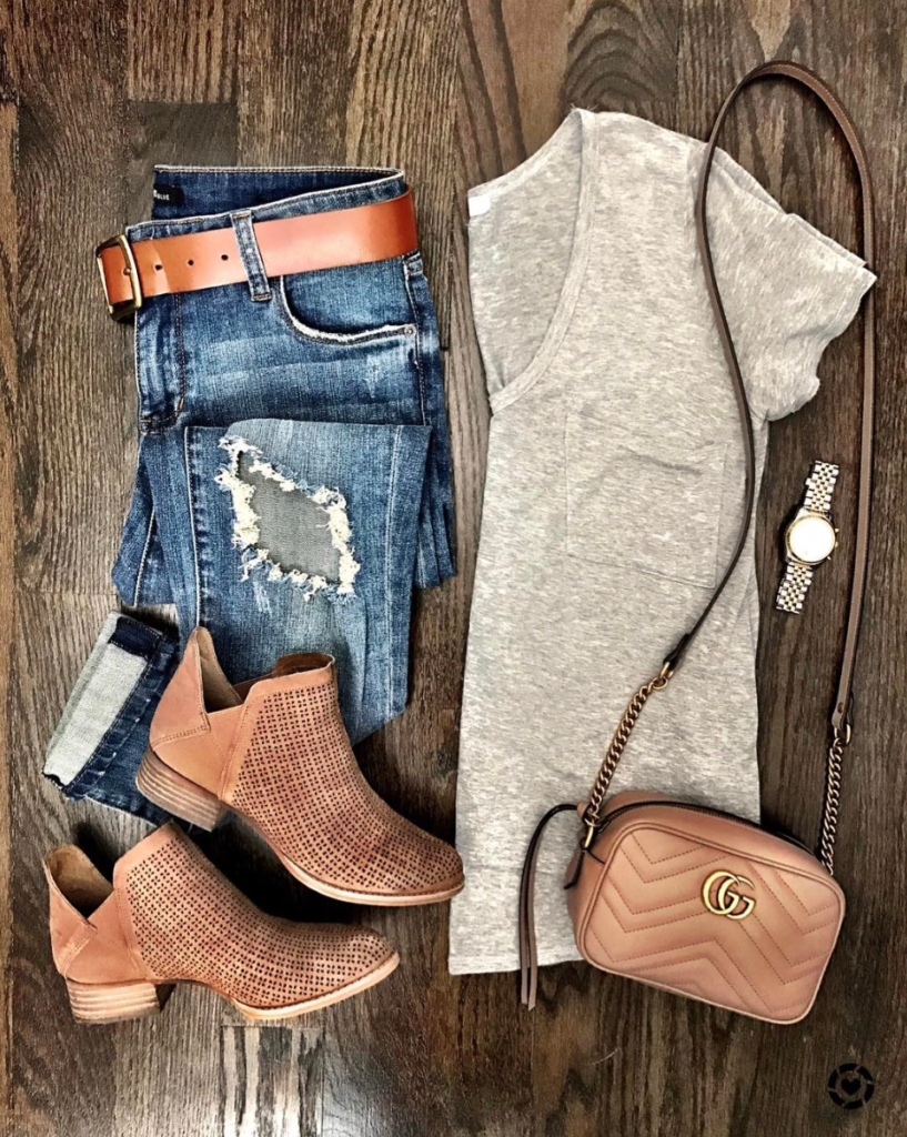 Basic gray tee outfit boyfriend jeans
