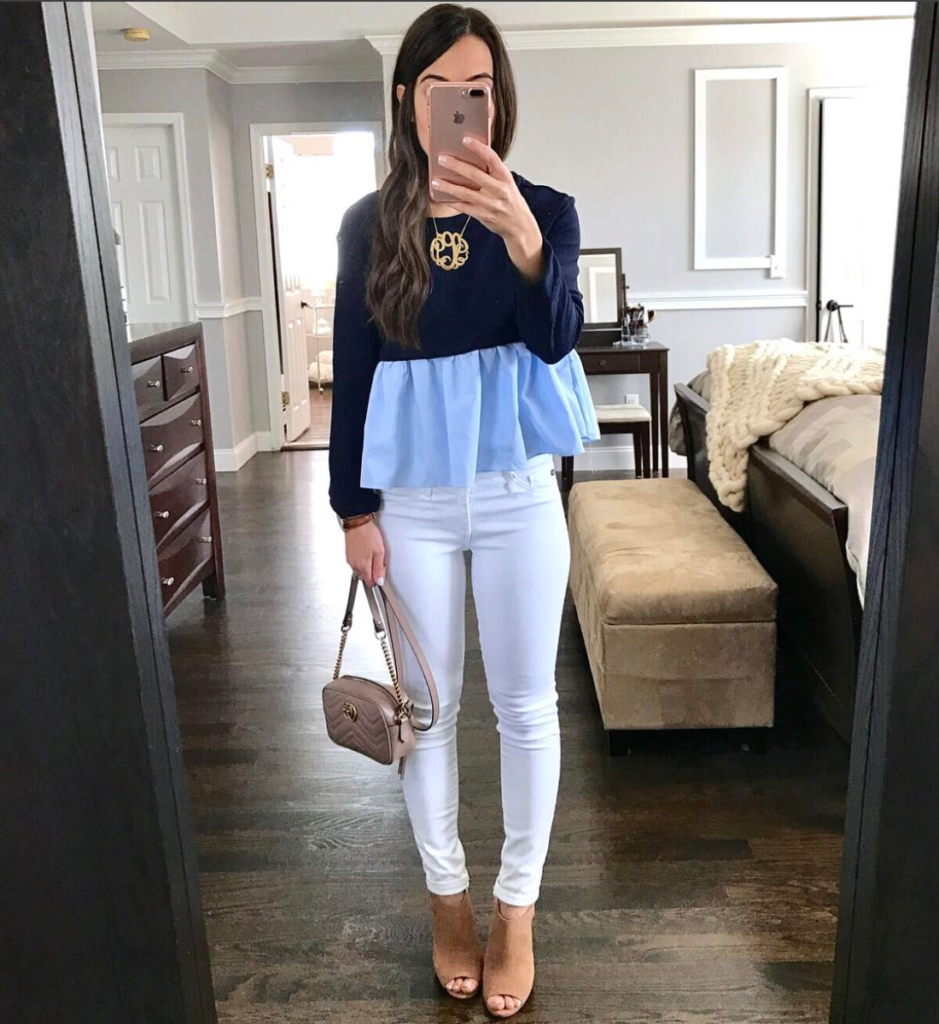 Blue peplum top white jeans outfit