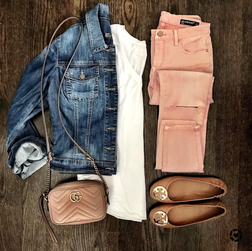Denim Jacket and blush pink jeans outfit idea