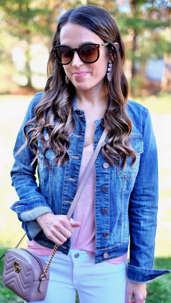 Denim jacket and pink tee outfit