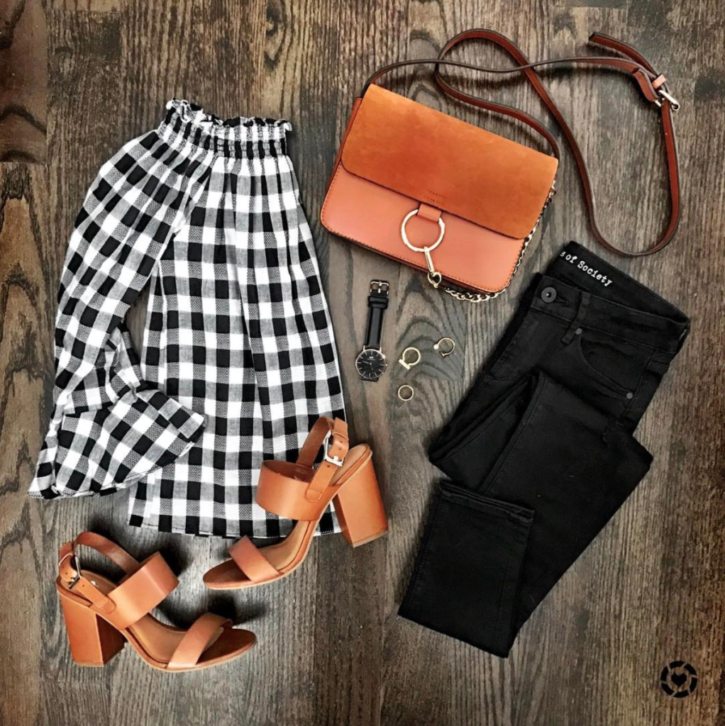 Gingham off the shoulder shirt outfit with cognac sandals