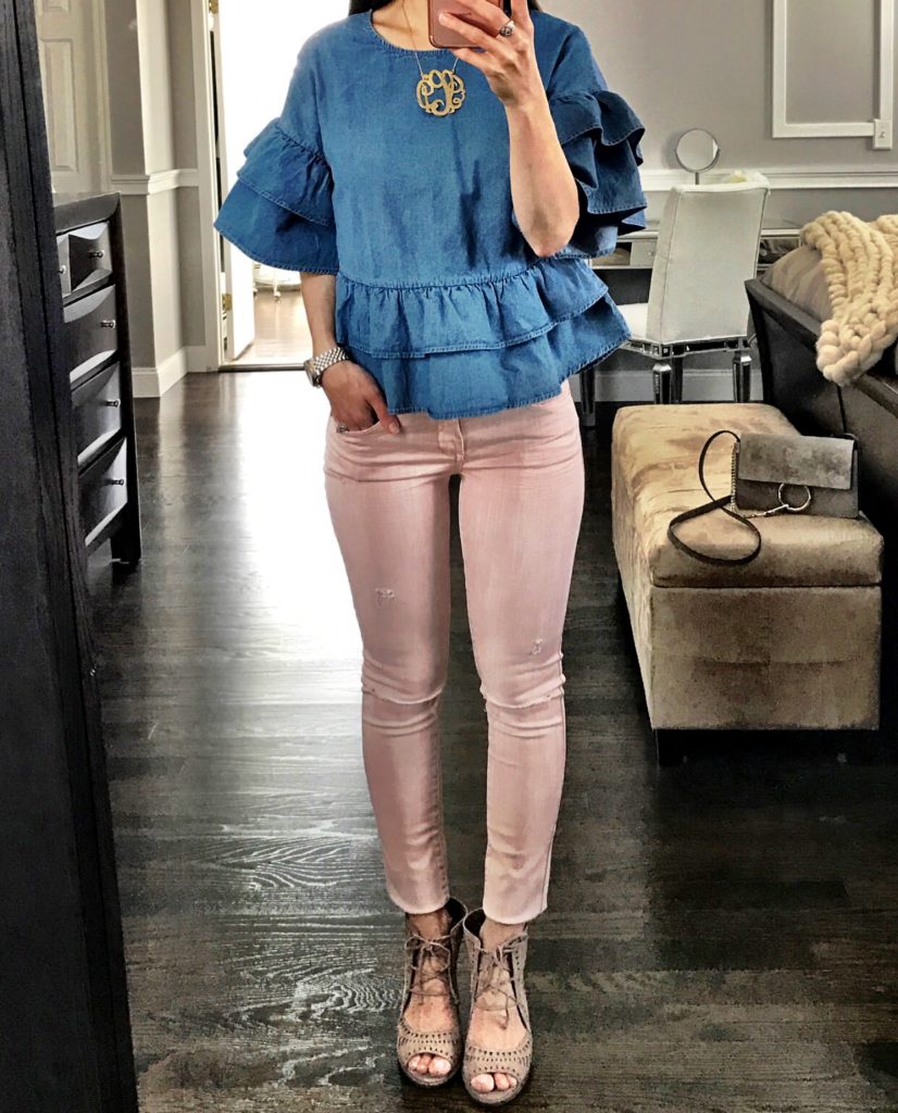 Ruffle Chambray top outfit with blush pink jeans