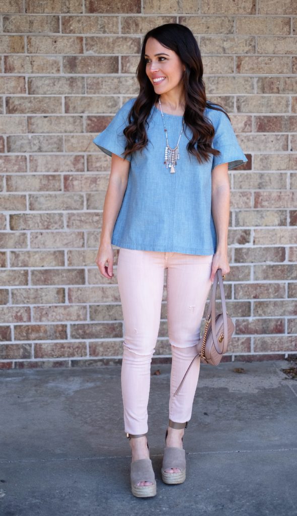 blush pink jeans spring outfit