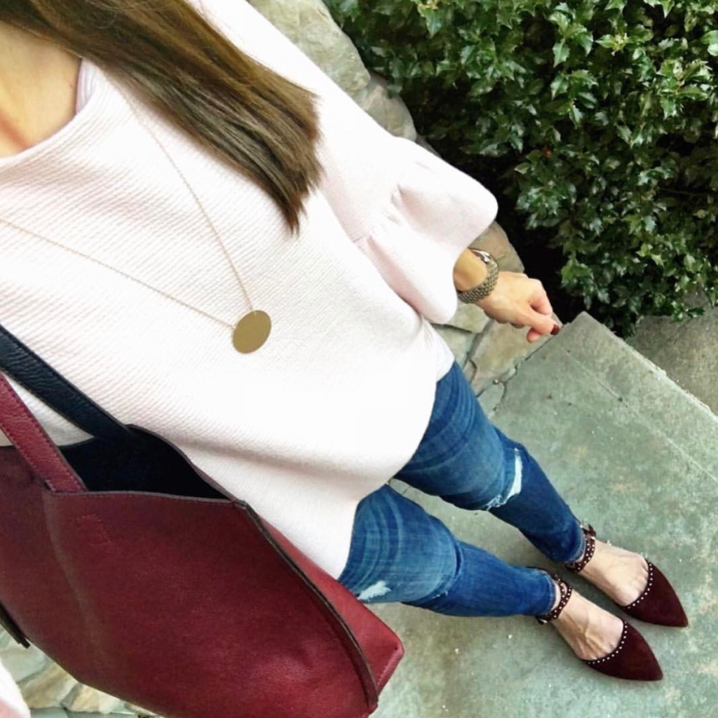 blush pink ruffle sleeve outfit idea