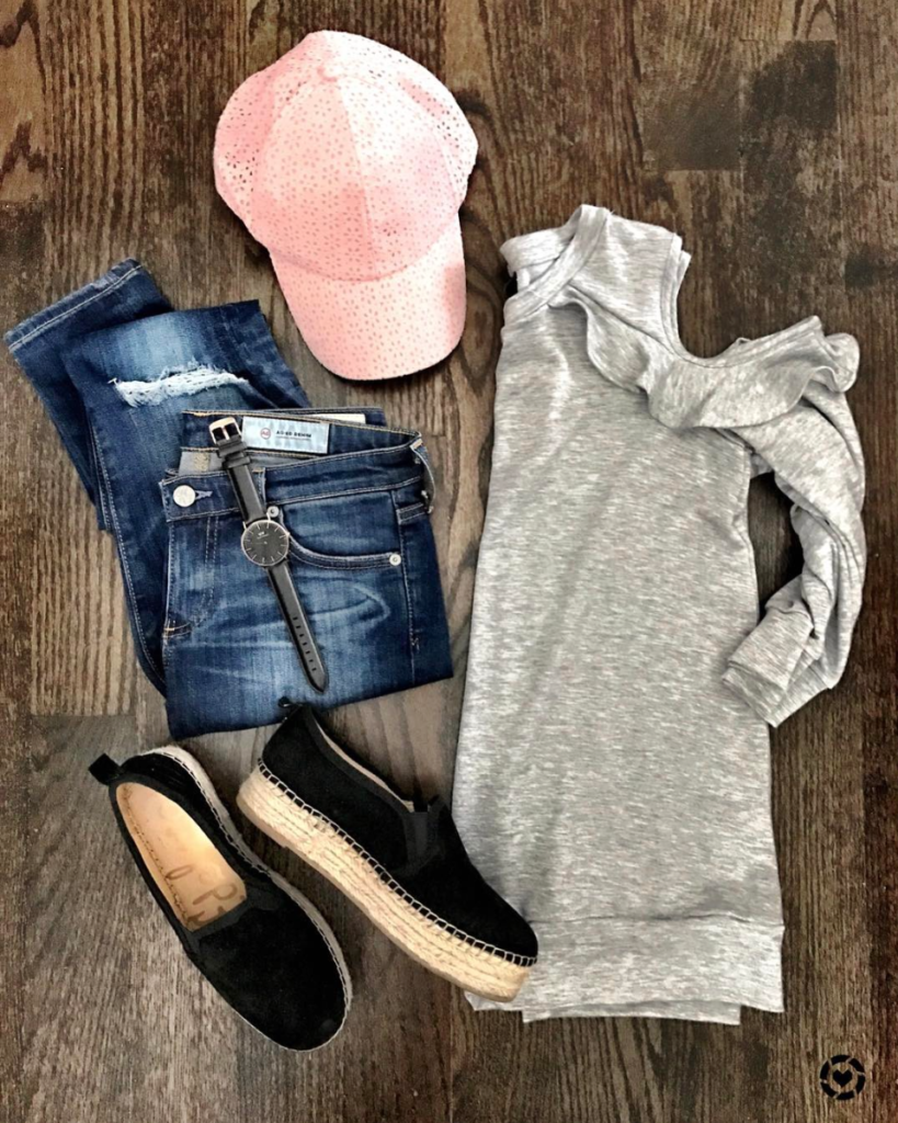 ruffled cold shoulder sweatshirt outfit