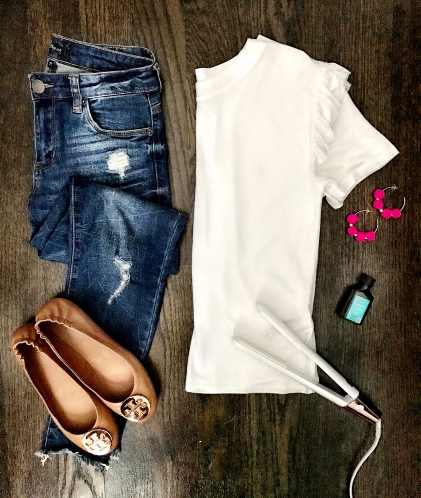 t3 straightening iron and casual outfit