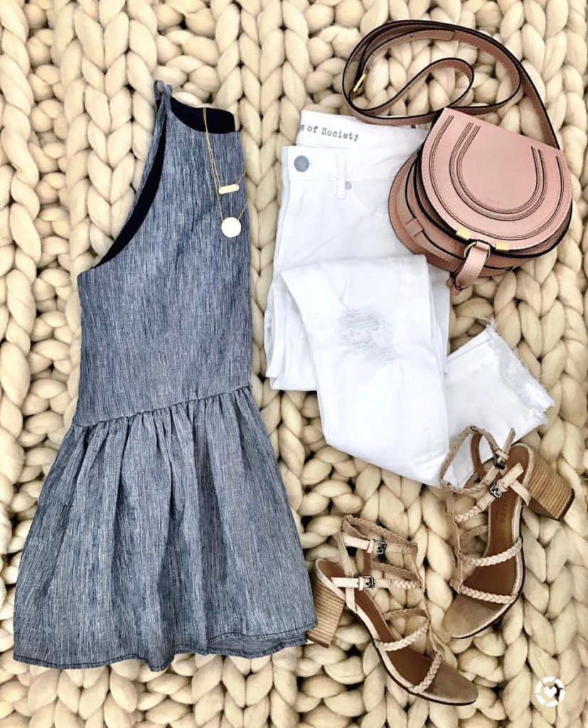 blue peplum tank and white jeans Spring outfit