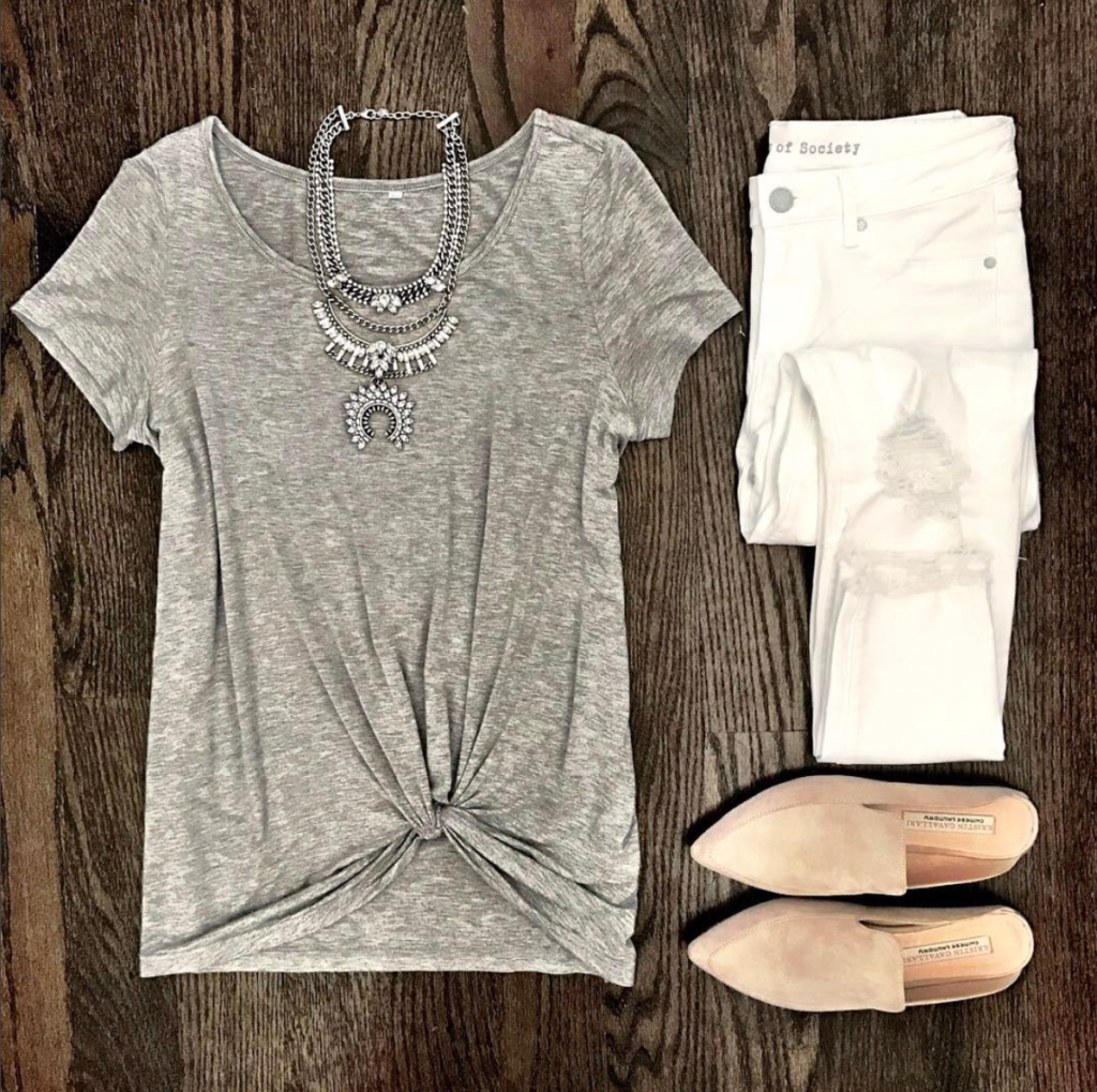 gray twist front tee outfit