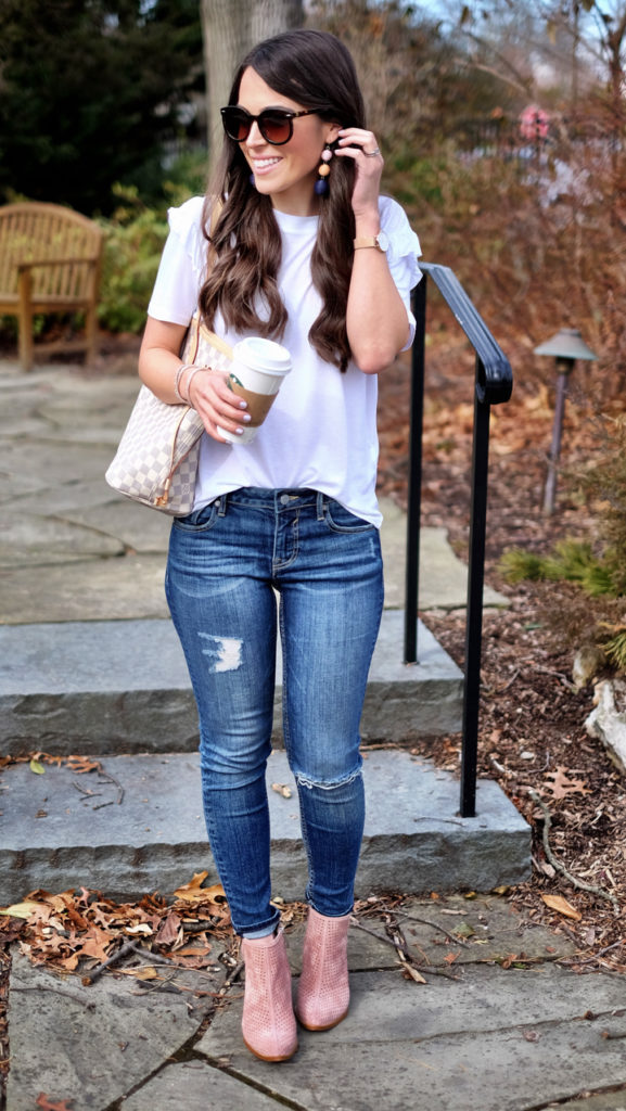 pink booties and white tee outfit