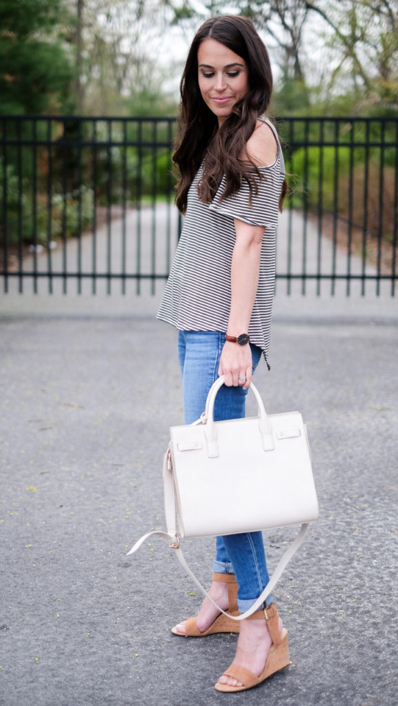 green and ivory striped tee outfit