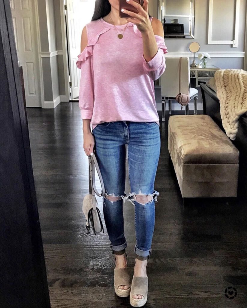 pink ruffled cold shoulder sweatshirt