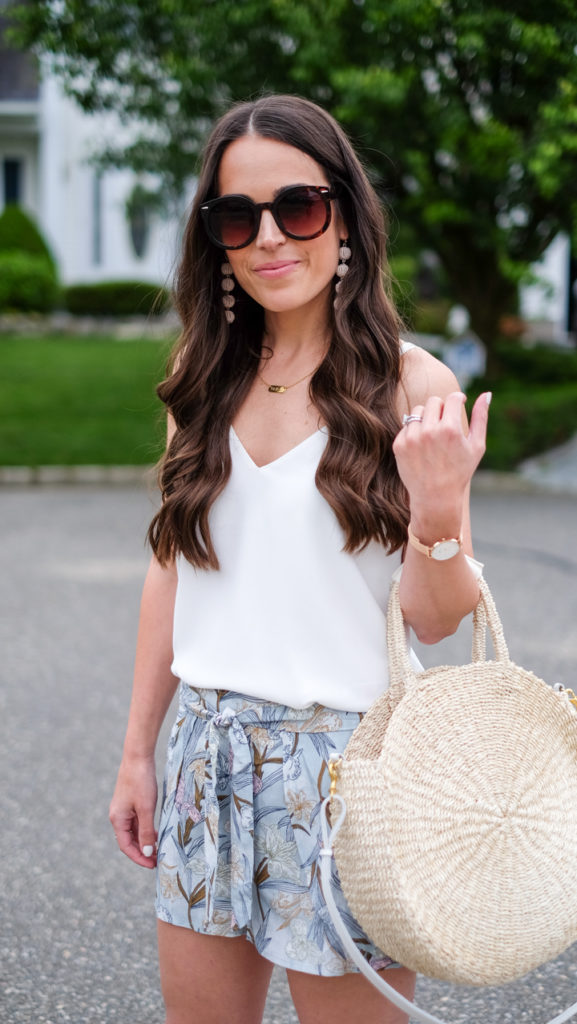 white tank and printed shorts outfit