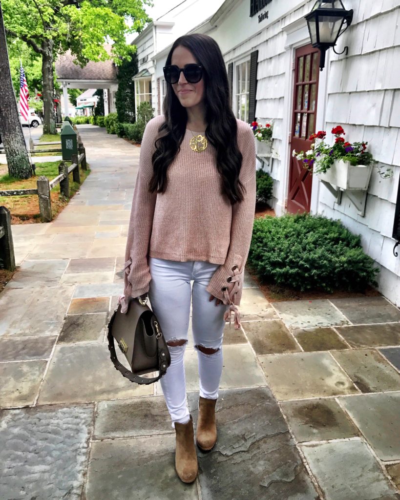 early Fall outfit white jeans