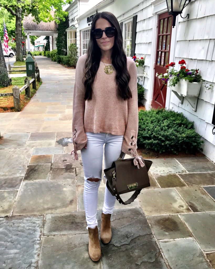 pink sweater white jeans and ankle booties outfit