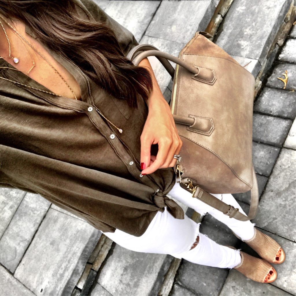 MrsCasual olive tie front shirt