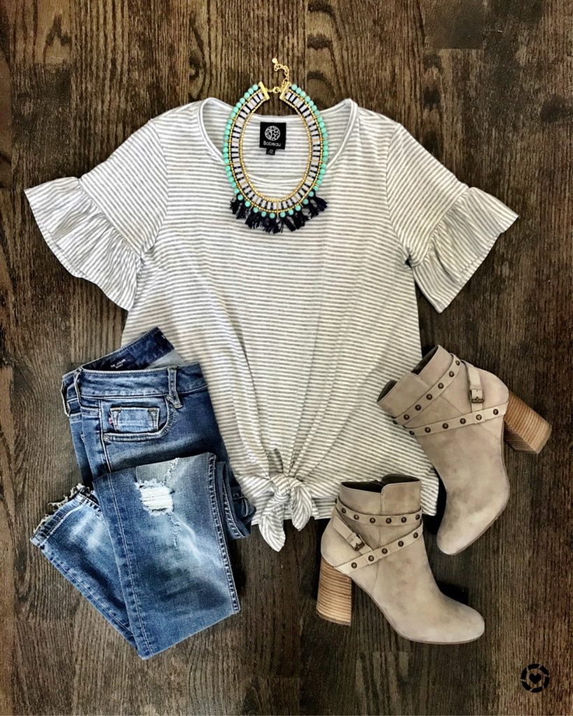 Ruffle sleeve striped tie front tee Fall outfit