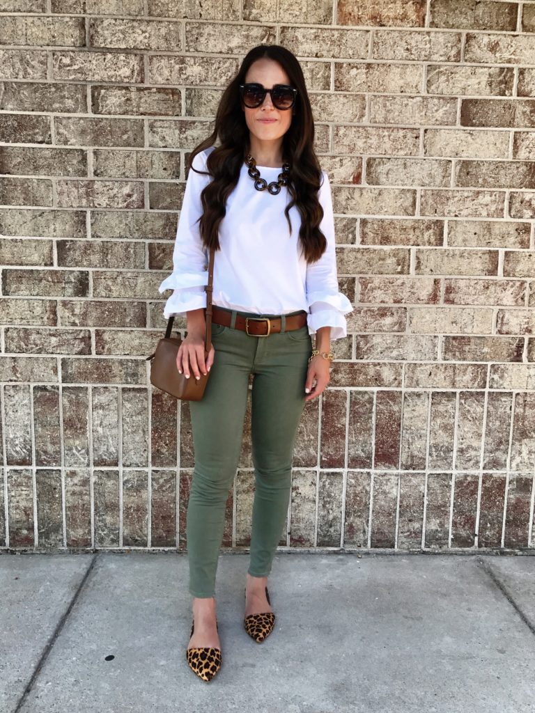 leopard flats and olive pants outfit