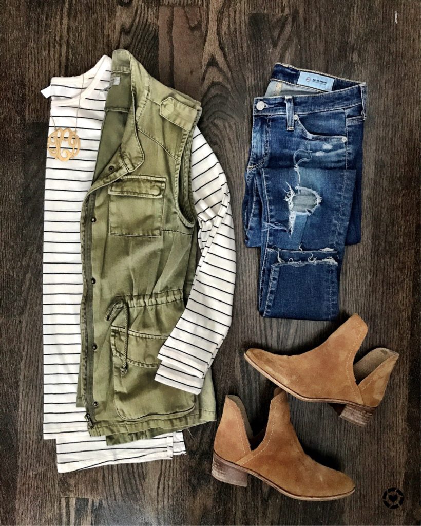 striped tunic and utility vest Fall outfit