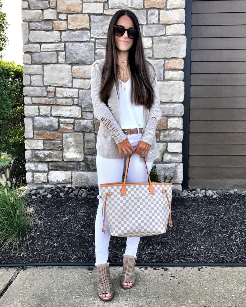 tan cardigan and white jeans outfit