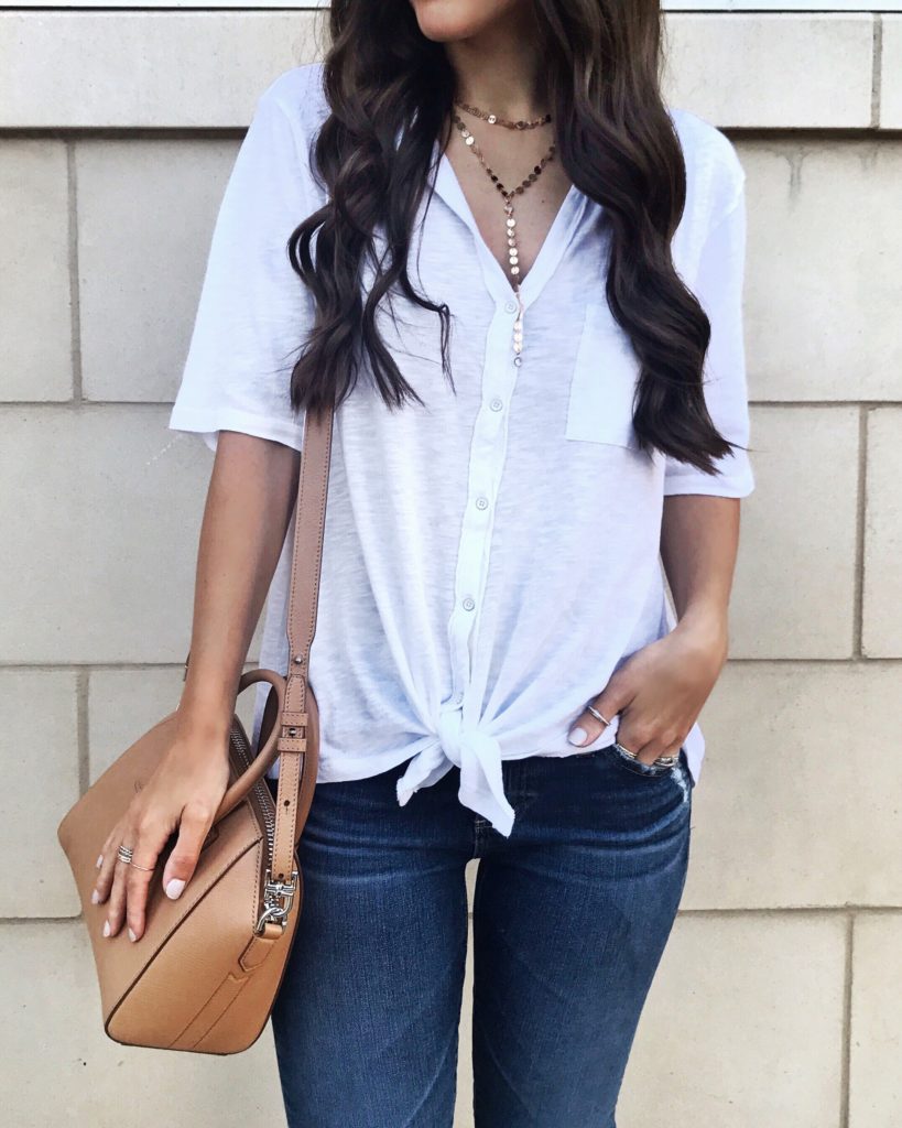 white tie front button down tee